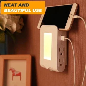 

Multifunction 4 in 1 Power Adapter USB Charging Socket Light Control Intelligent Sensor LED Night Light Mobile Phone Shelf 2019