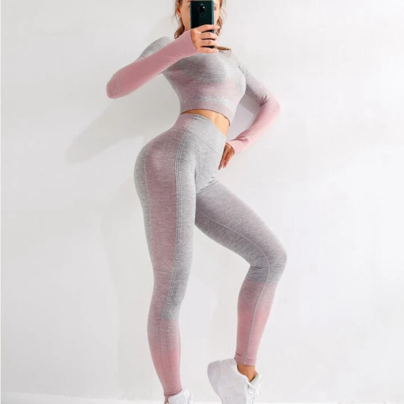Women Seamless yoga set Fitness Sports Suits GYM Cloth Long Sleeve Shirts Crop Top+High Waist Leggings Workout Yoga clothing