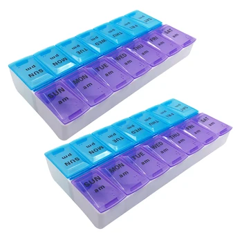 

2pcs Pill Box Portable 7 Day Pill Box Plastic AM/PM Weekly Medicine Storage Case Pillbox Pill Organizer with 14 Compartments