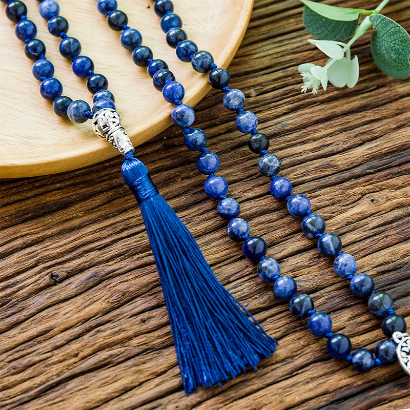 108 Mala Natuurlijke Sodaliet Lapis Lazuli Handgemaakte Kralen Knoop Meditatie Yoga Anniversary Grote Boeddha Hoofd Kwastje Lange Ketting