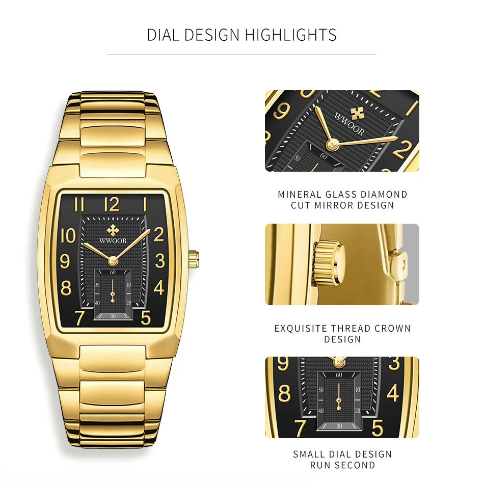 Wwoor-relógios Masculinos de Pulso de Quartzo de Ouro Quadrado de Luxo Marca Superior Negócio Novo Design 2023 - Image 3