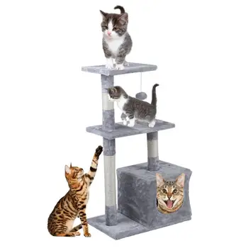 

(From ES)85CM Multi-Level Cat Tree For Cats With Cozy Perches Stable Cat Climbing Frame Cat Scratch Board Toys Gray&Beige