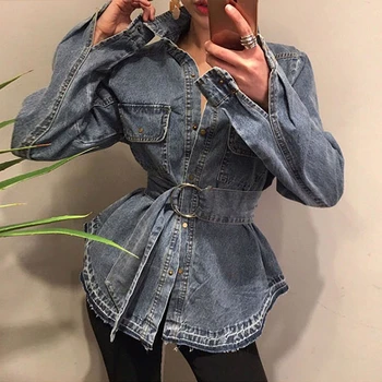 

Korean Spring Blue coat Denim Jackets Women 2020 vintage Female Ladies Loose casual Jeans Jacket Waist Belt Outerwear NZY64