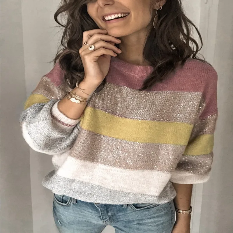 

Europe and the United States 2020 autumn new popular casual loose collar sweater multi color splicing sweater-38