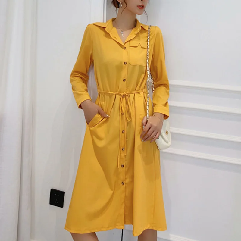 

Casual Shirt Dresses Autumn Fashion Long Sleeve Women Office Work Dress Front Buttons Turn-Down Collar Ladies Dress White Yellow