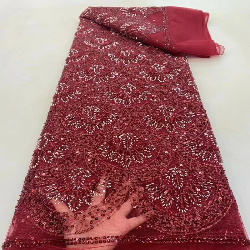 

French Net Lace With Beads African Fabric 5 Yards Embroidered Sequins Lace Fabric For Wedding Party TS9630