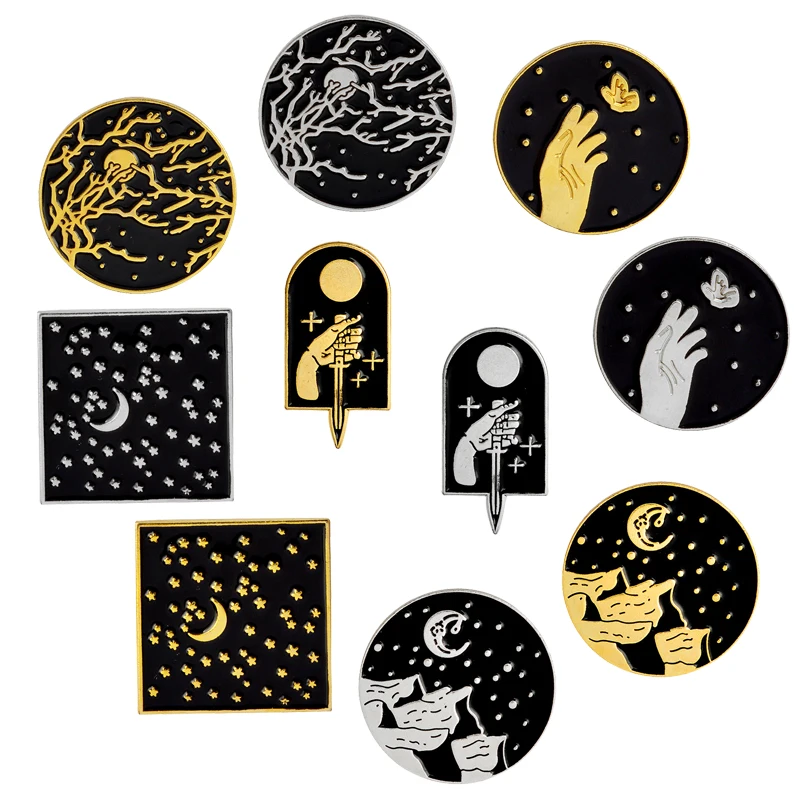 

Night Landscape painting Punk Art Pins Gold Silver Gothic Brooches Badges Bag Enamel pins Jewelry Jewelry Gifts For Friends