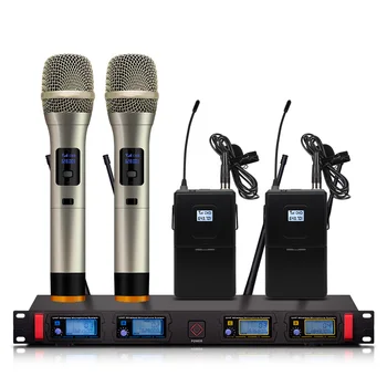 

Professional wireless microphone system 4-channel fixed frequency dynamic display 2 manual 2 lava clip wireless microphone