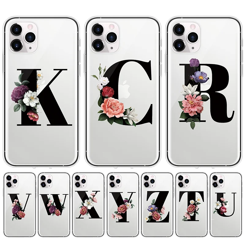 

Custom Name Letter Monogram Flower Case For iPhone 11 Pro MAX 6 S 7 8 Plus 5 X XS Soft TPU Clear Cover For iPhone XS MAX XR Case