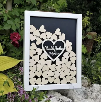 

Personalised wedding guest book frame 3D custom Alternative drop top box with wooden hearts bridal shower sign board baby shower