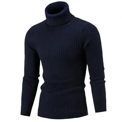 Casual Men Sweater Solid Color Turtleneck Knitted Sweater Men Slim Knitwear Knitted Jumpers Pullovers Men Sweater Pull Homme Navy Blue