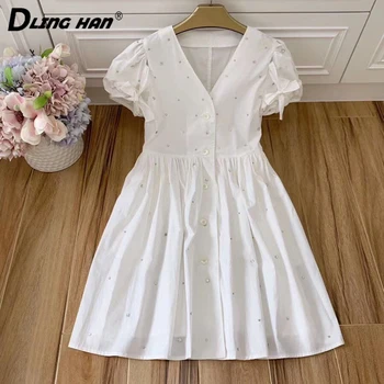 

DLINGHAN Fashion V-neck Cotton White Mini Dress high quality manual Gypsophila Diamonds Puff Sleeve Dresses Summer Women's New