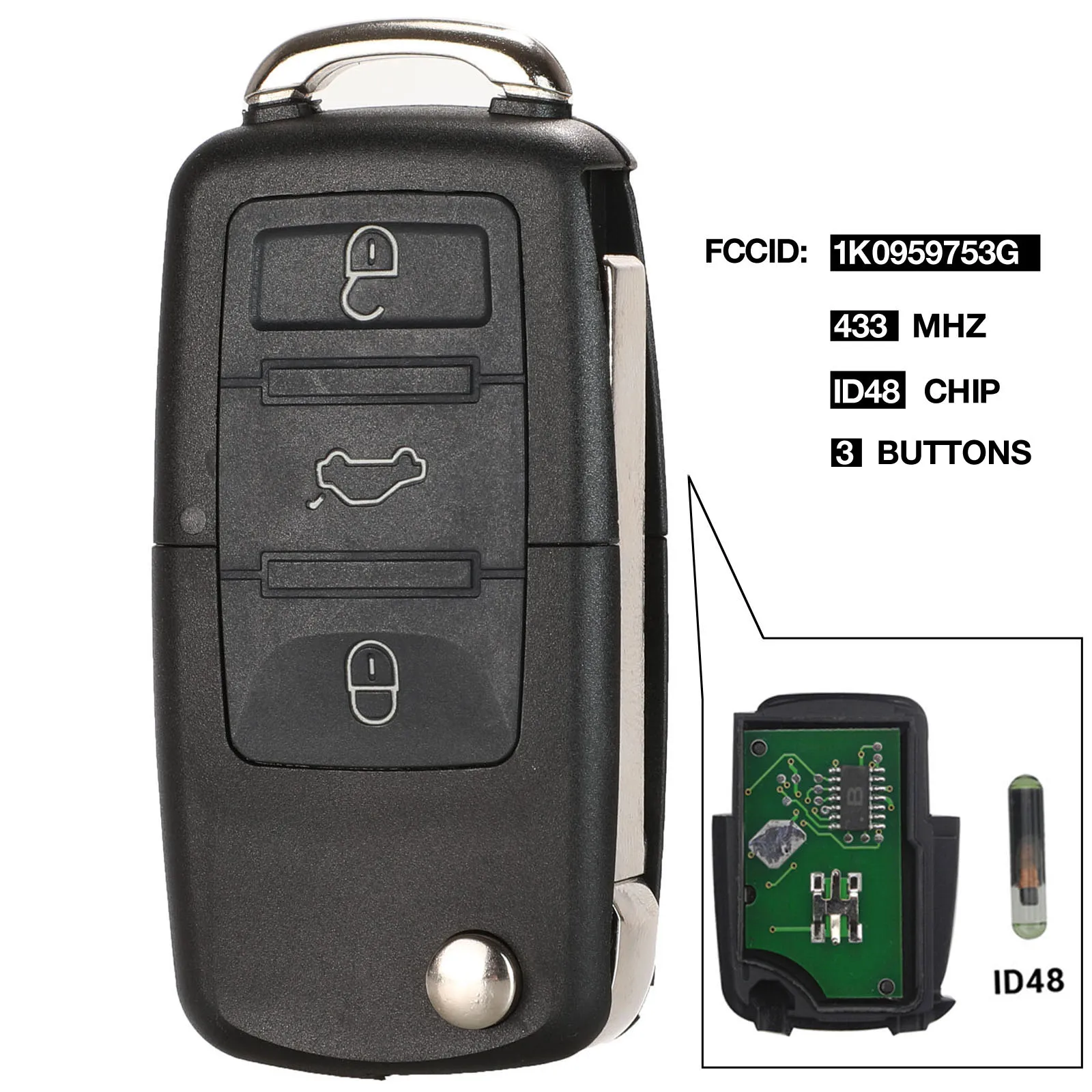 Kutery 2/3/4 кнопка Удаленное брелок 434 МГц ID48 чип для VW Beetle Bora Golf Passat транспортер поло T5 1J0 959 753 AG