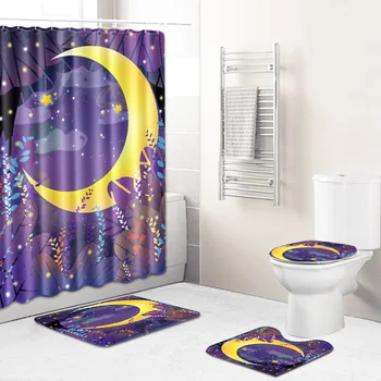 

ONGLYP 4pcs Shower Curtain Set New 3D Galaxy Bathroom Curtains with Hooks Non Slip Bath Mat Toilet Cover Rugs Mat Home Decor
