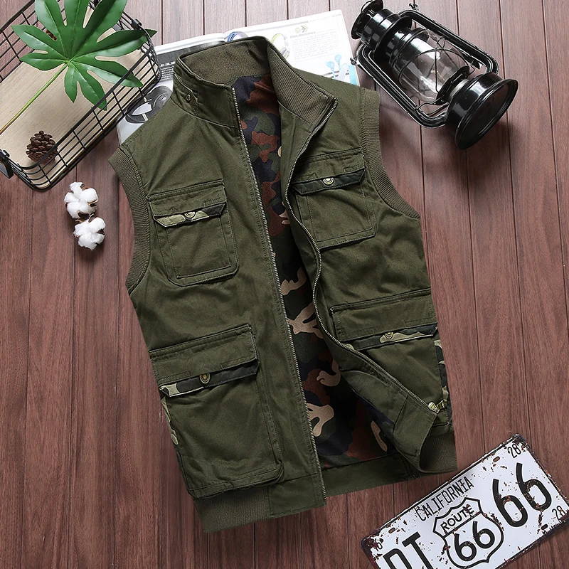 Green Casual Tactical Working Vest Vests Male With Many Pockets Winter Sleeveless Cotton Slim Simple Waistcoat Jacket Plus Size Men - Цвет: Green