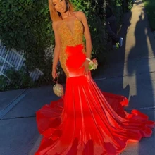 Красные бархатные платья для выпускного вечера с золотым кружевом, платье русалки с глубоким v-образным вырезом и шлейфом, вечернее платье для женщин CP389