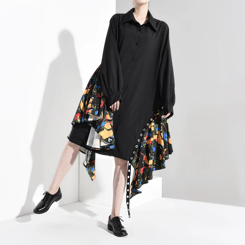 [EAM] Women Black Print Asymmetrical Big Size Shirt Dress New Lapel Long Sleeve Loose Fit Fashion Spring Autumn 1B060