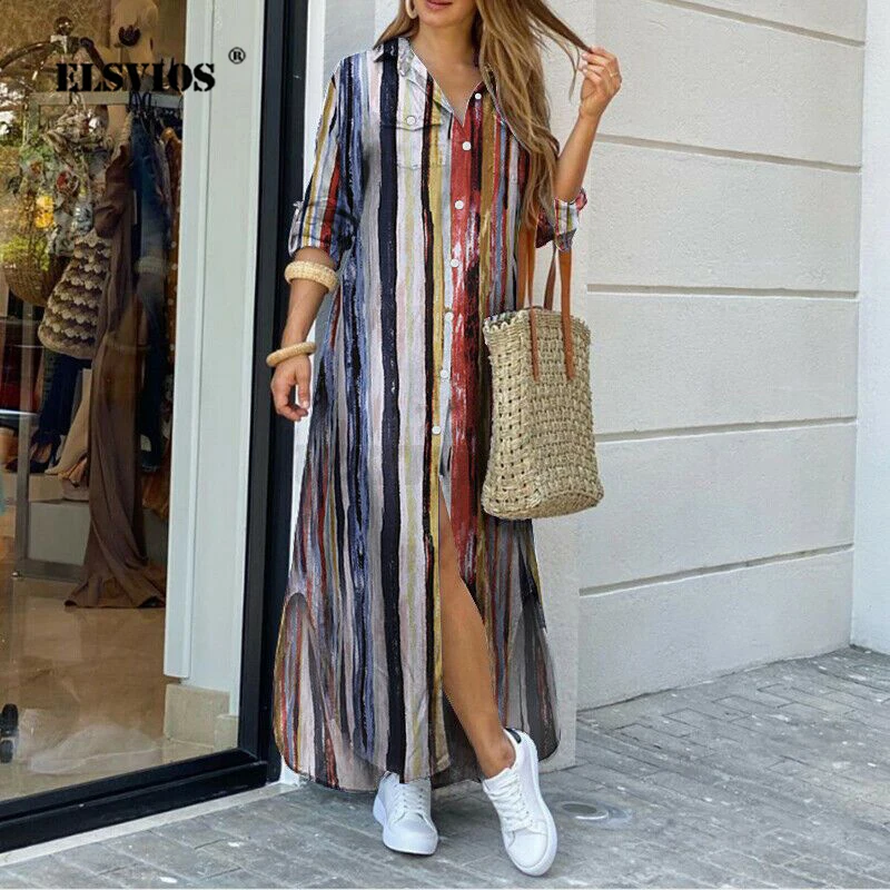 

New Summer Women's Turn-down Collar Printed Shirt Dress Buttons Elegant Maxi Party Dress Spring Long Sleeve Office Lady Dresses