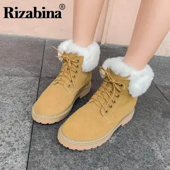 

RIZABINA Women Ankle Boots Real Leather Lace Up 2020 Winter Keep Warm Plush Fur Flats Shoes Women Casual Snow Boots Size 34-39