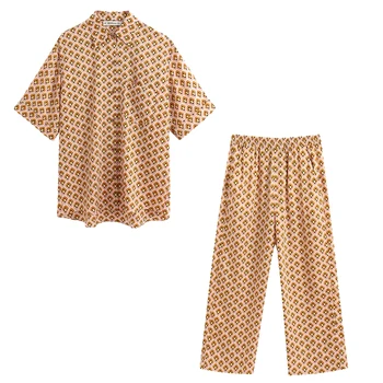 

2020 new summer suits women two piece set geometric printed blouse&pants high waist elastic female woman clothes