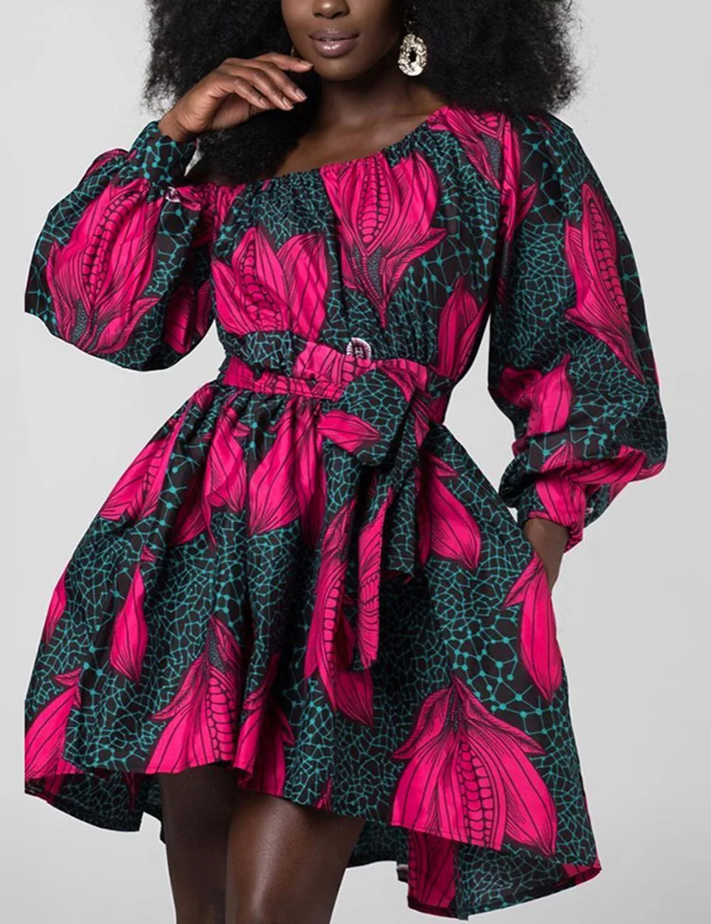 Fadzeco модные африканские платья для женщин тонкая талия сексуальная косой плечо мини платье пышные рукава Племенной Африканский принт одежда