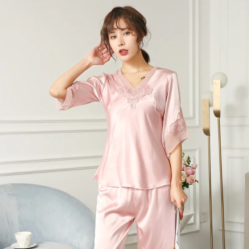 Шелковые пижамы Кружева пижамы 7 очков рукав Для женщин пикантные мягкие уютные сатин; Пижама; ночная рубашка; одежда для сна; комплекты для сна одноцветное домашняя одежда