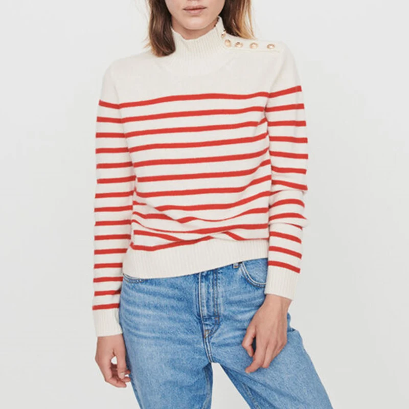 Best Price Luxury Designer Brand Knitted Sweater for Women Vintage High Collar Contrast Color Stripe Gold buttons Knitted Pullover Sweater