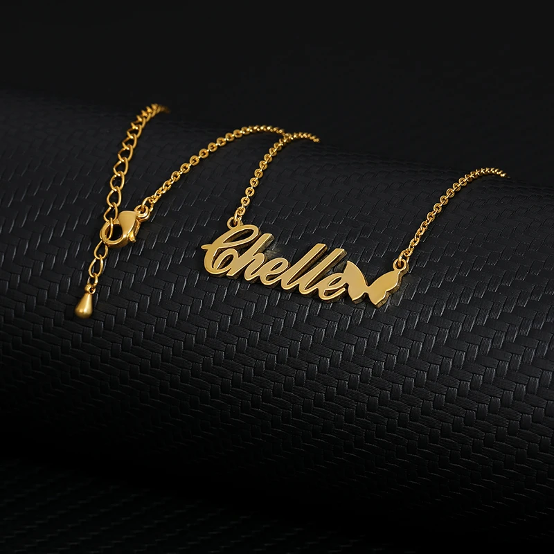 Necklace For Women Stainless Steel Choker Custom Butterfly Name Pendant Choosable Pattern Personalized Handmade Nameplate Gifts