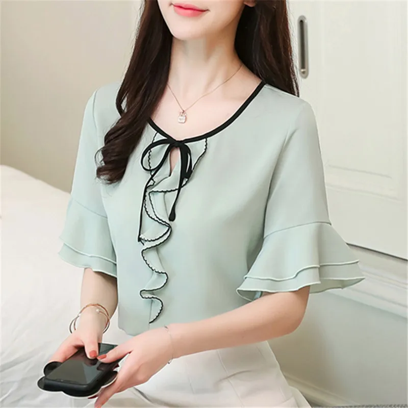 

Summer 2019 Korean Slim Shirt O-Neck Ruffles Short Sleeve Casual Chiffon Blouses Women Clothing Ladies Shirts Female Tops Blusas