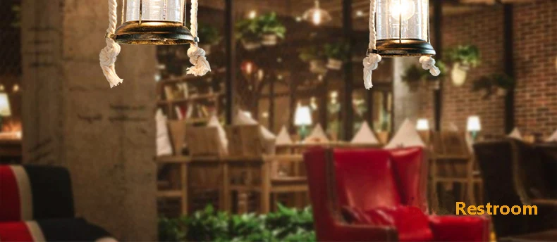 Rustic Pendant Lamp Round Wood Design Gear Retro Hemp Rope Hanging light12