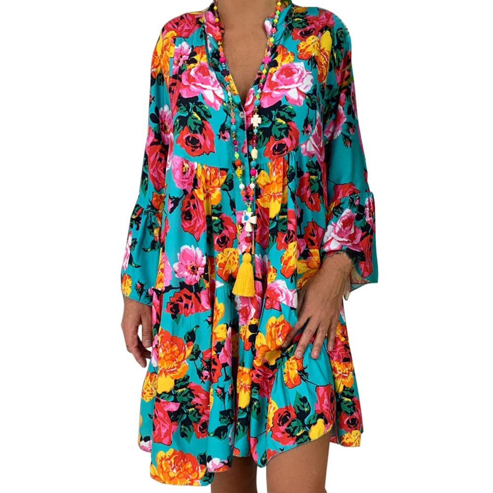 SHUJIN, Boho, цветочные, с длинным рукавом, короткие платья для женщин, весна-лето, с цветочным принтом, пляжные, свободные платья, женское богемное мини-платье - Цвет: blue