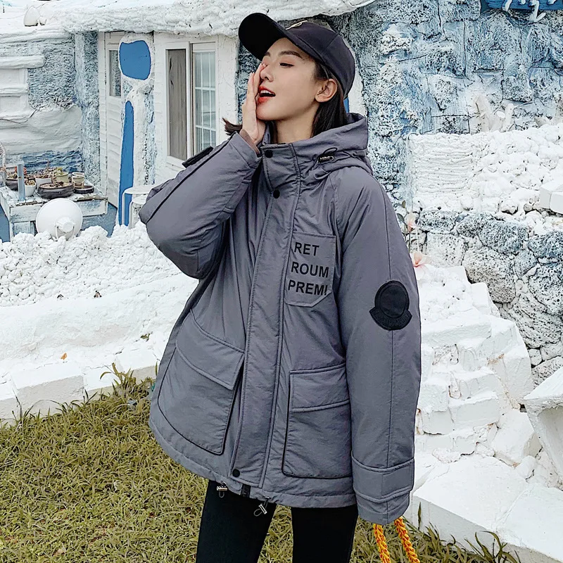 

2019 Winter New Style down Jacket Women's Large Size Casual BF Style Korean-style INS Workwear Coat Hooded Cotton-padded Clothes