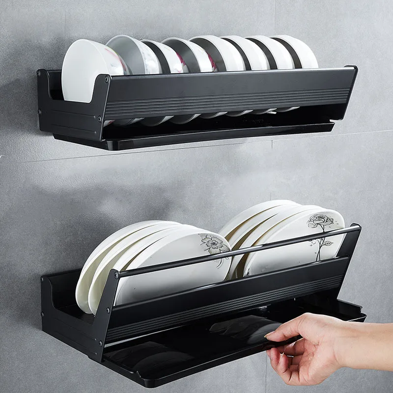 Black Aluminum Alloy Wall Mounted Kitchen Storage Rack Dish Drainer