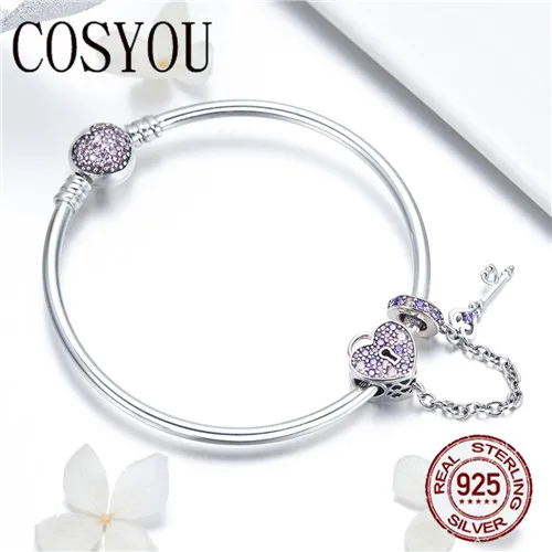 Goede COSYOU Echt 925 Sterling Zilveren Liefde Sleutel Hart Vorm Armbanden Armbanden voor Vrouwen Paars Zirkoon Valentine Gift Sieraden SCB820