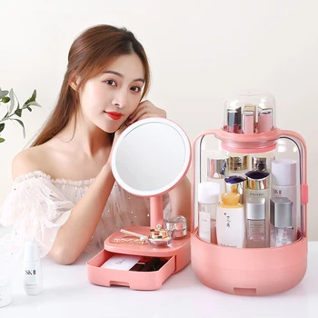 

New LED Light Makeup Box HD Mirror Make-up Storage Desktop Organizer Transparent Cosmetic Case Two Oiece Set With Mirror