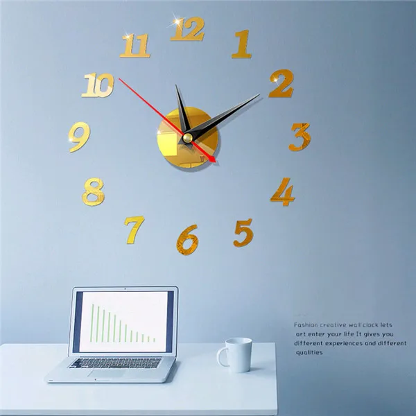 США современные большие настенные часы 3D Зеркало стикер Уникальный большой номер часы DIY Декор - Цвет: Золотой
