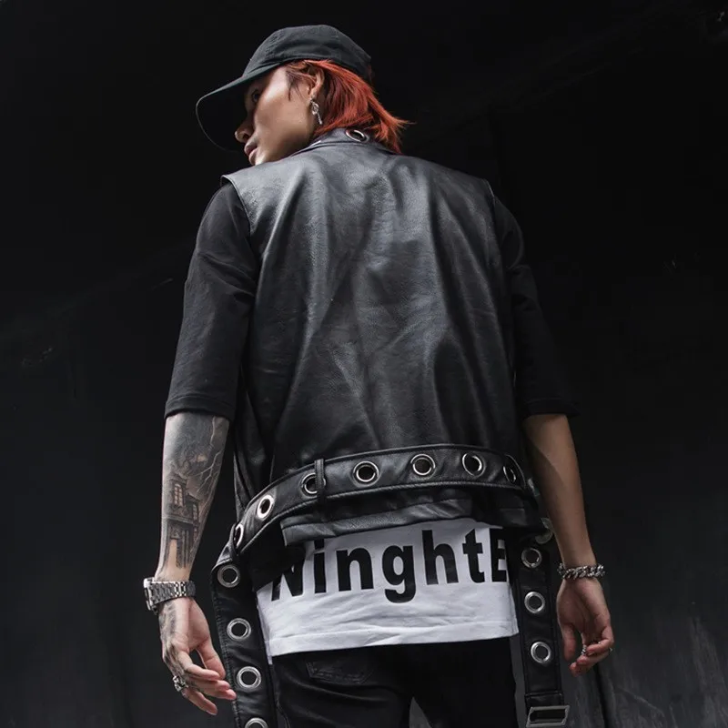 

Spring Summer Fashion Mens Pu Sleeveless Jacket Adjust Waist Waistcoat Punk Style Faux Leather Motorycle Biker Man Vest