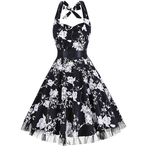 DongDong❤Womens Vintage Halter Dress 1950s Floral Sping Retro Rockabilly Polka Dot Cocktail Swing Tea Dresses