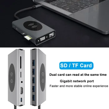 

Home Travel Aluminum Alloy Universal Type C To HDMI VGA Expander 13 In 1 5Gbps PC Laptop Portable PD Quick Charging USB Hub