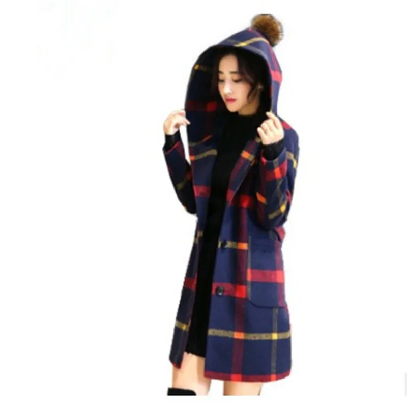 Autumn And Winter New Products England College Coat Woolen Jacket Women's Plaid Mid-length Hooded Woolen Cloth Big Sweater