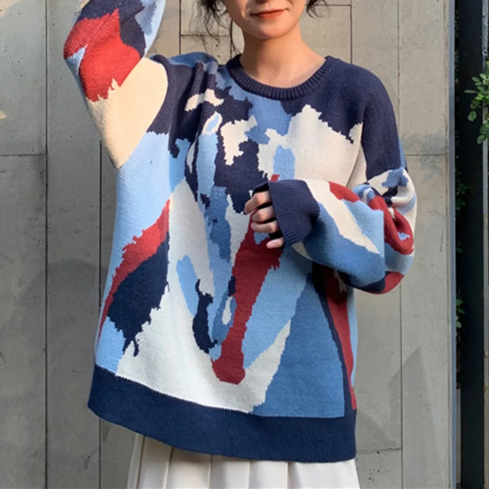 

2020 Printed Oversize Sweater Women Jumper Lazy Style Loose Pullovers Autumn Winter Blue Korean Style Casual Student Sweaters