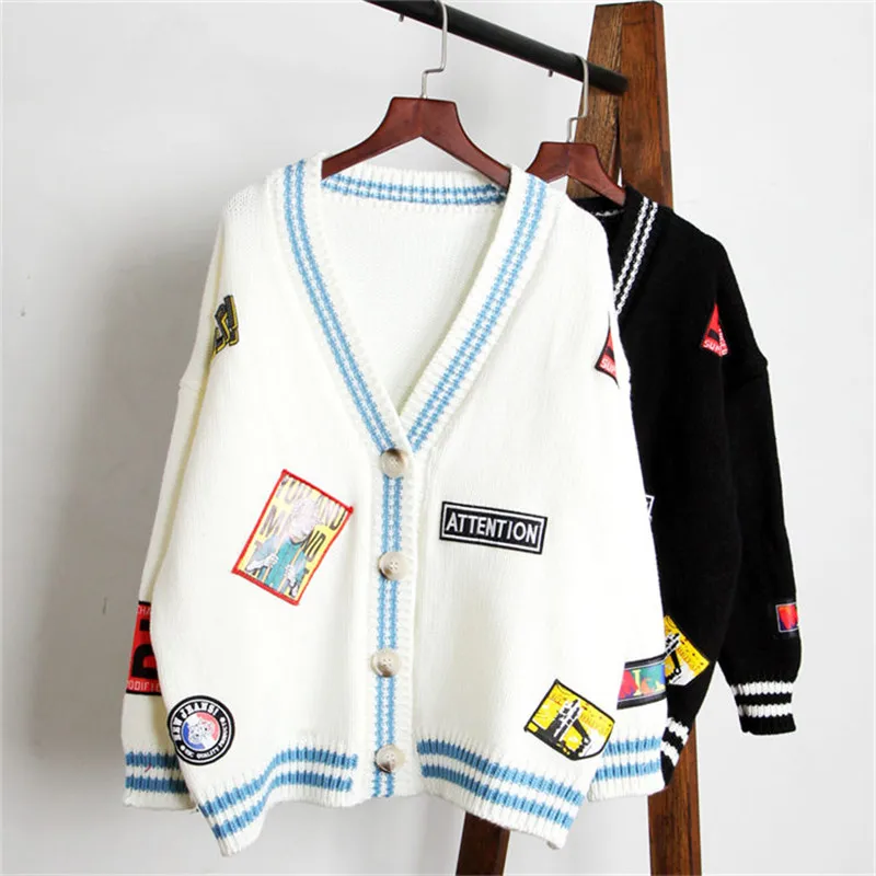 Женские трикотажные изделия JK стиль студенческий короткий Свободный Вязаный Кардиган корейский цветной блок свитера с вышивкой винтажные толстые свитера