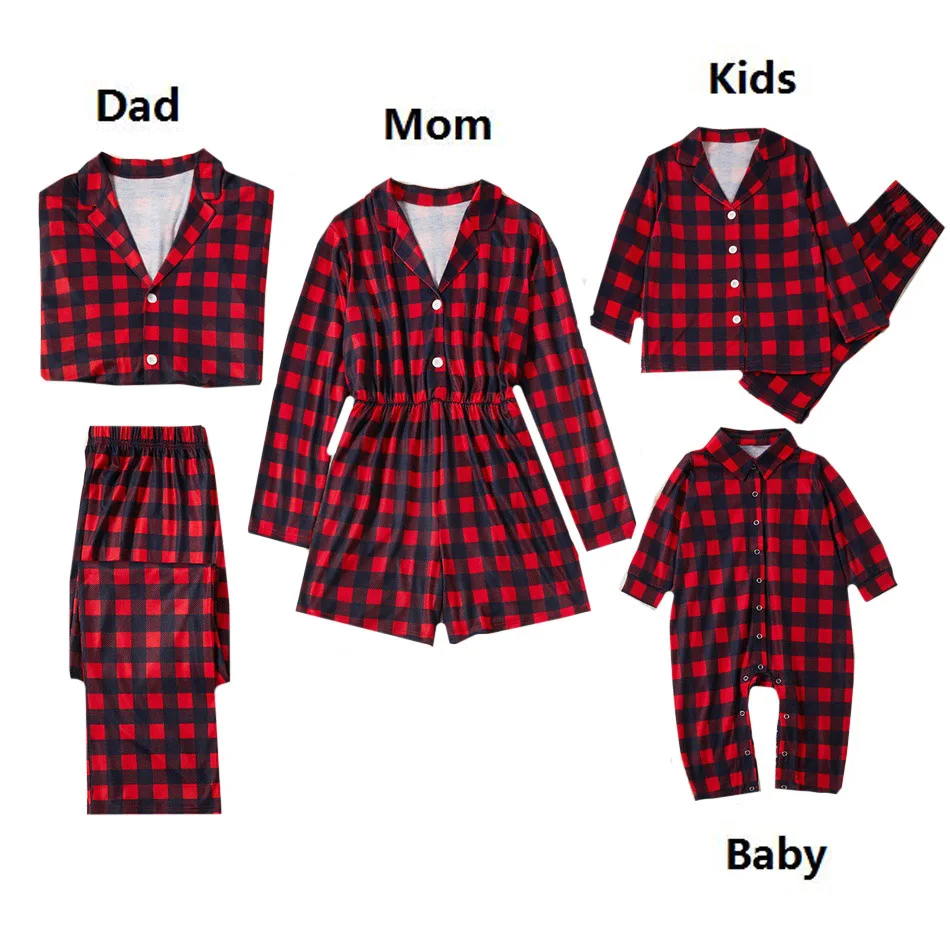 

Family Matching Outfit Clothes Christmas Pajamas Set Mom and Daughter Full Sleeve Red Lattice Sleepwear Women Men Baby Set