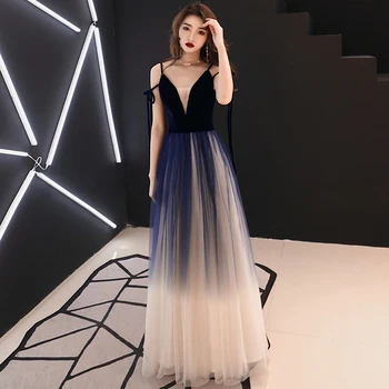 

Spaghetti Strap Female Evening Party Ball Gown Dress Elegant A-line Qipao Mesh Cheongsam Exquisite Navy Blue Sexy Vestidos
