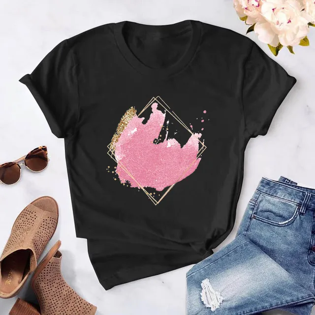 Heart flower print ladies T-shirt ladies casual basis O-collar white shirt short sleeve ladies T-shirt love graphic printing CT-Black-759