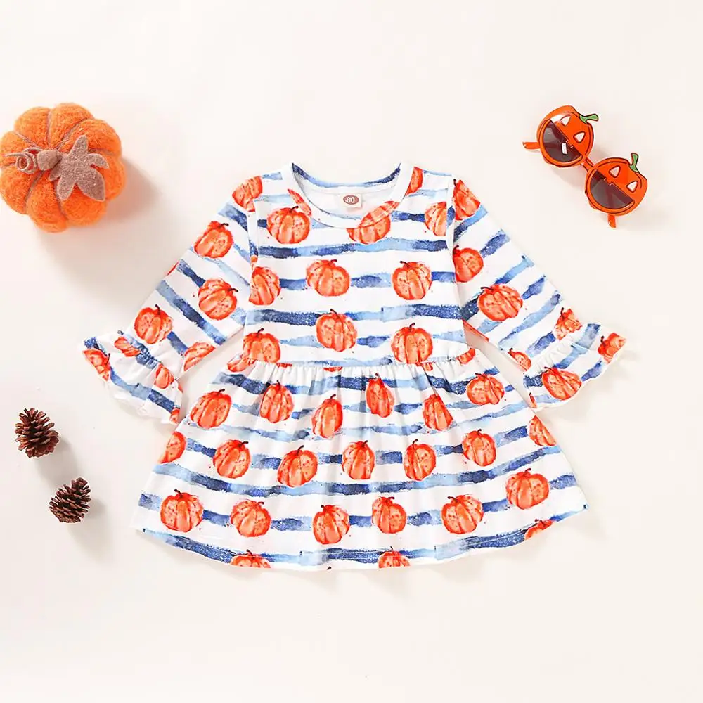 

Baby Halloween Dress Toddler Kids Baby Girls Bell sleeve Stripe Pumpkin Halloween Princess Dress Ropa de niña