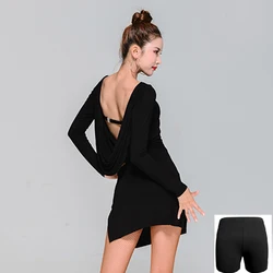 New Latin Dance Clothes Women Sexy Black Dress Backless Drawstring Samba Rumba Salsa Dance Dress Latin Practice Dress DNV14267