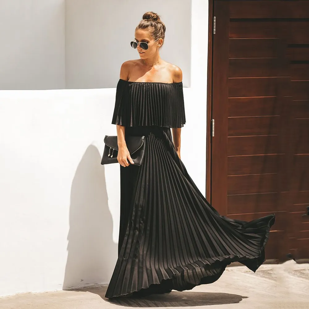 

Nice Elegant Off The Shoulder Boho Beach Dress Women Summer Pleated Maxi Dresses Nice Long Chiffon Dress Vestidos