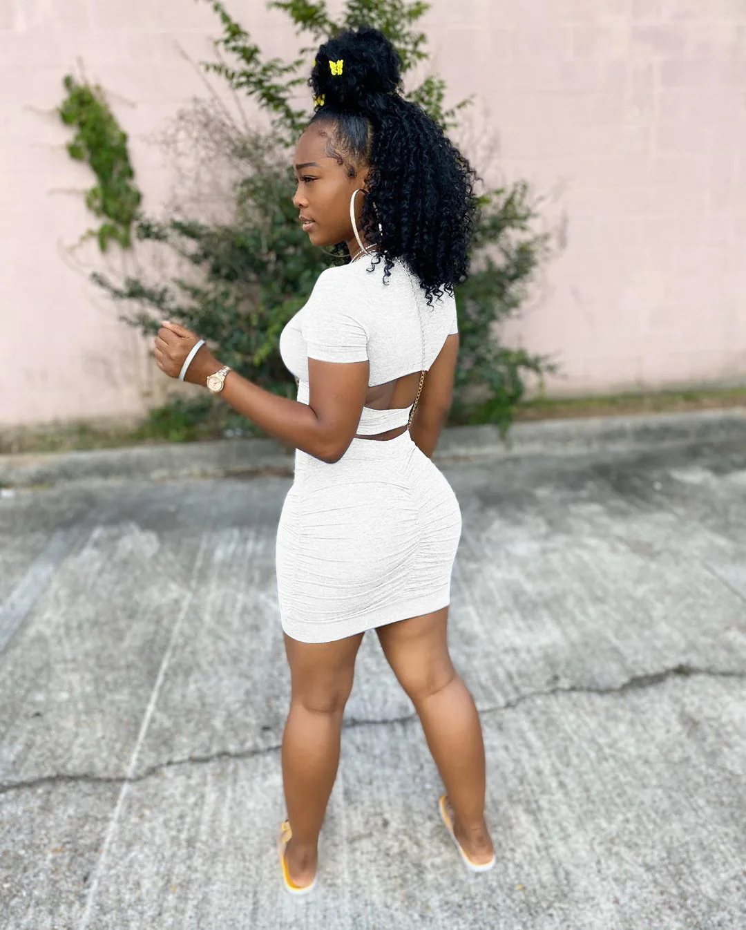 2020 Women Summer Elegant Mini Dress High Waist Cross Open Back Stacked Ruched Midi Bodycon Night Club Party Dresses Vestido