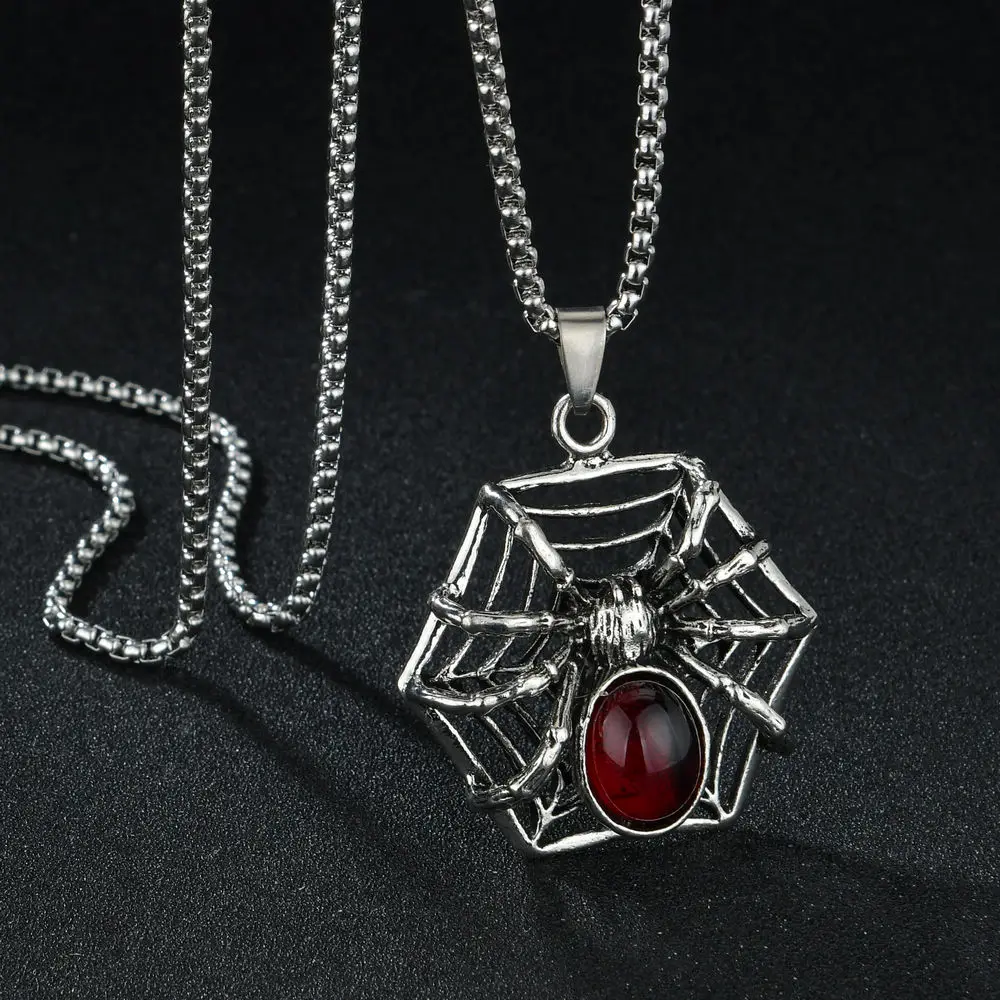 1pcs Mens Punk Vintage Retro Black Widow Women Spider Pendant Necklace Gothic Red Stone Male Biker